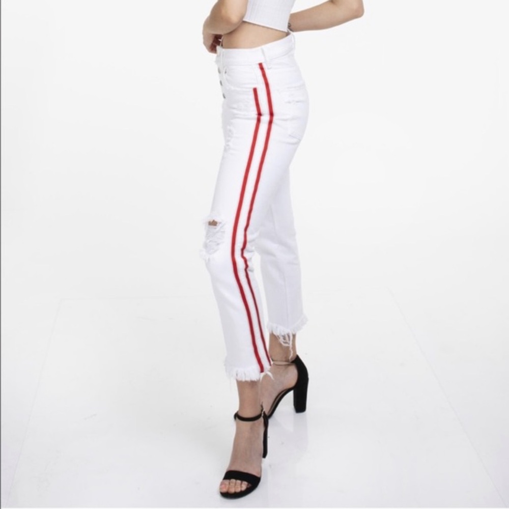 NWT REVICE White Cropped Jeans with Red Side Stripes